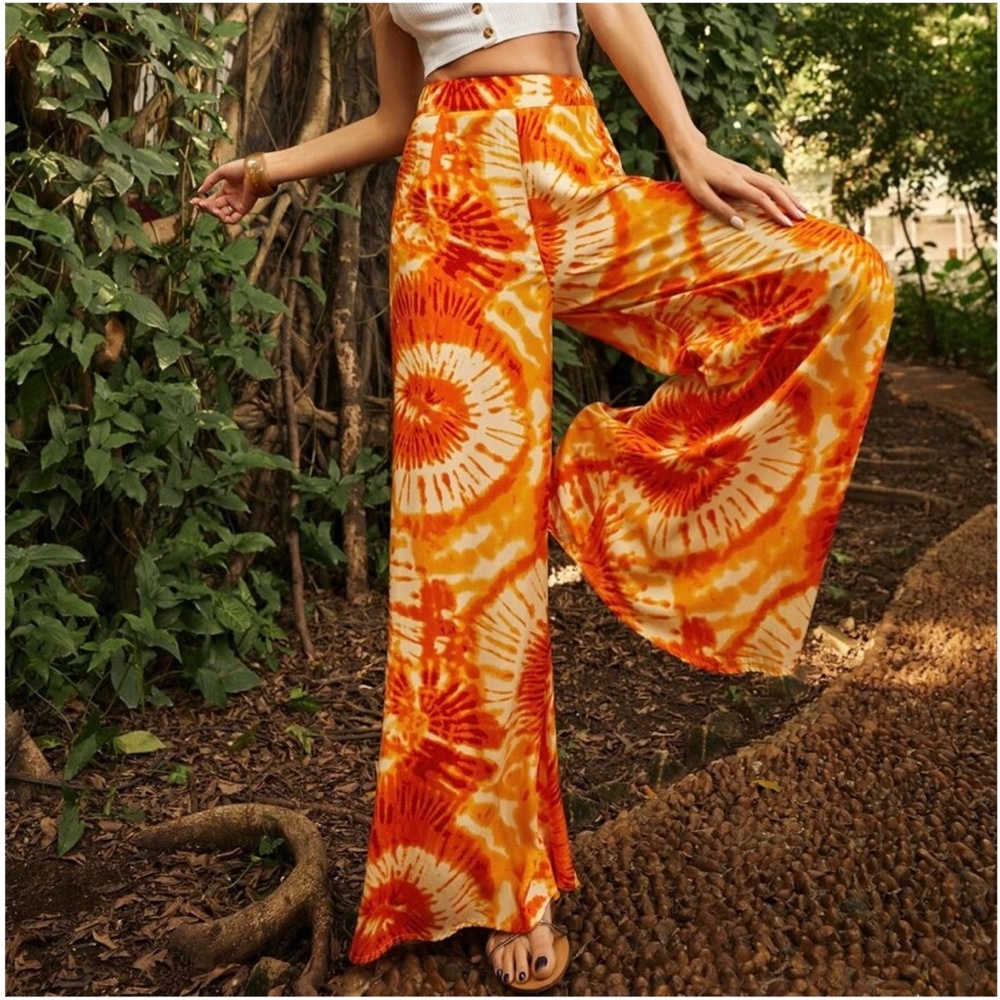 Boho Orange Tie Dye Wide leg Palazzo Pants - Picture 5 of 5